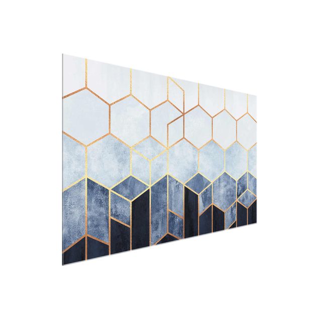 Glass print - Golden Hexagons Blue White