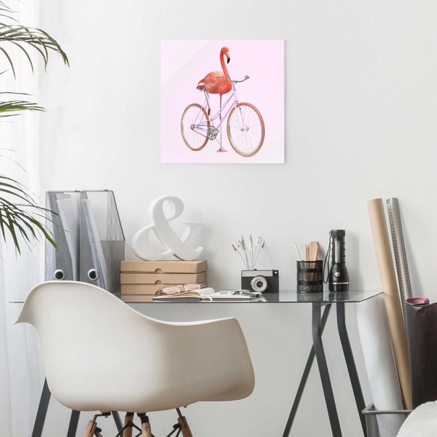 Glass print - Flamingo With Bicycle