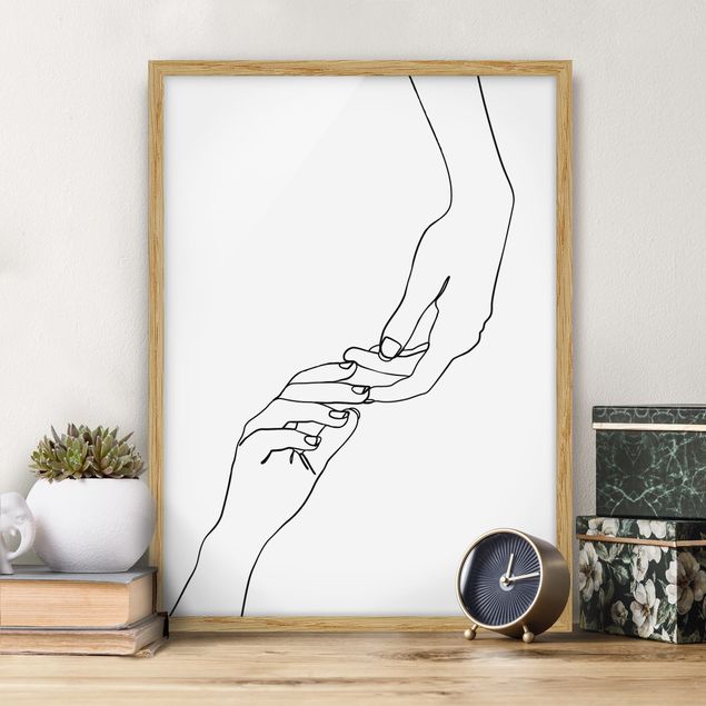 Framed poster - Line Art Hands Touching Black And White
