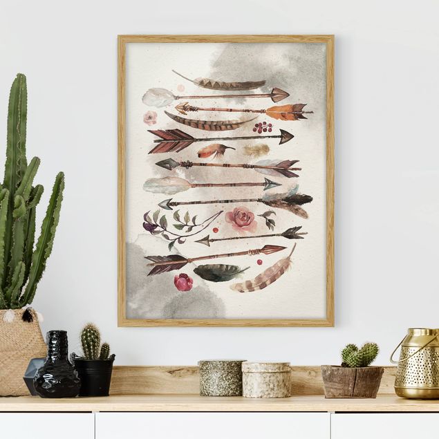 Framed poster - Boho Arrows And Feathers - Watercolour