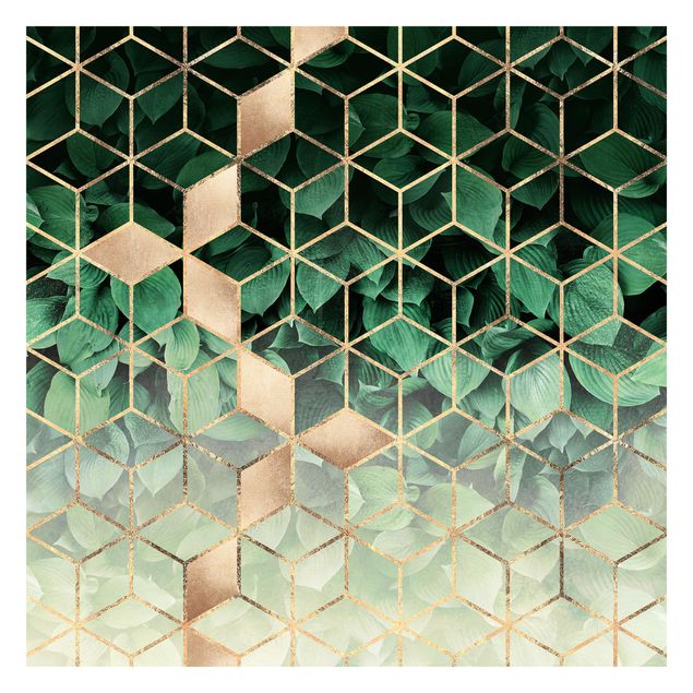 Wallpaper - Green Leaves Golden Geometry
