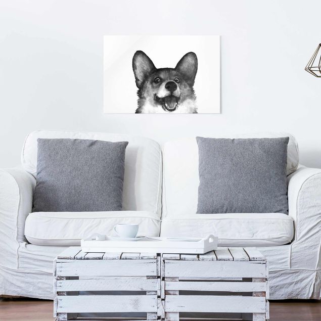 Magnettafel Glas Illustration Dog Corgi Black And White Painting
