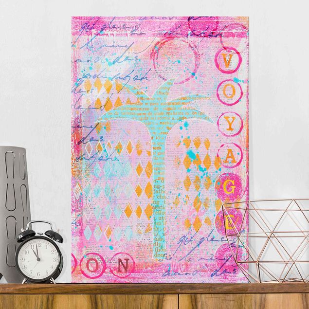 Magnettafel Glas Colourful Collage - Bon Voyage With Palm Tree