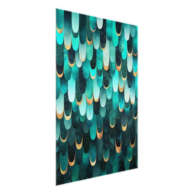 Glass print - Feathers Gold Turquoise
