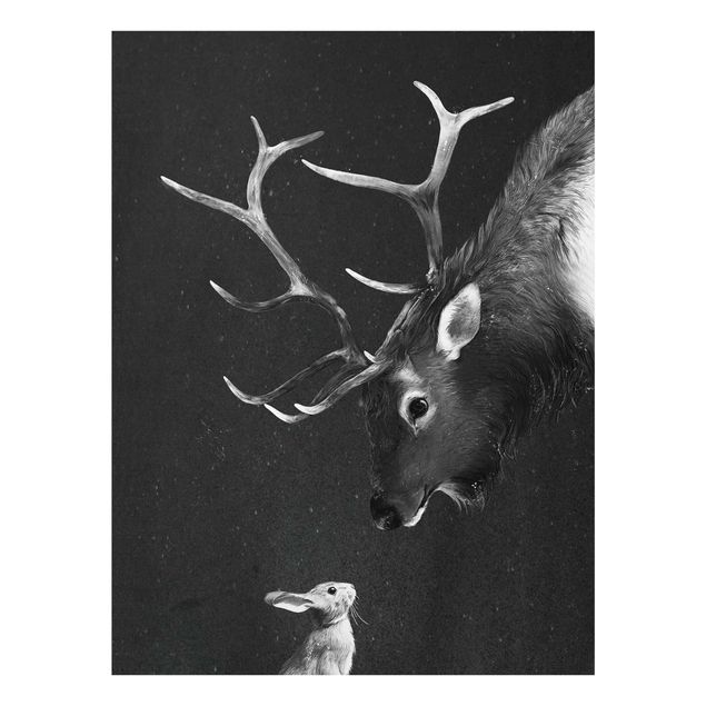 Glass print - Illustration Deer And Rabbit Black And White Drawing