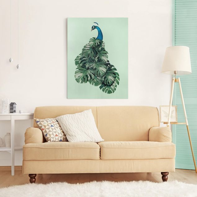 Canvas print - Peacock With Monstera Leaves