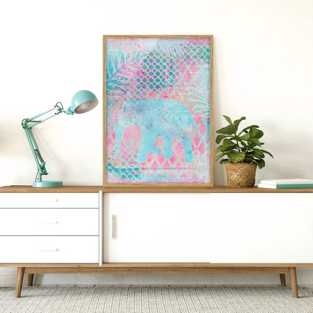 Framed poster - Colourful Collage - Elephant In Blue And Pink