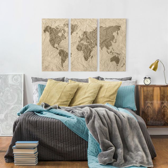 Print on canvas 3 parts - Paper World Map Beige Brown
