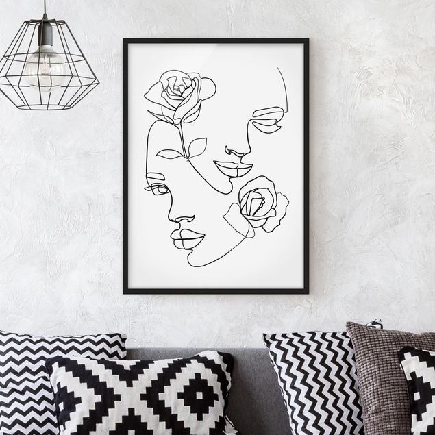 Framed poster - Line Art Faces Women Roses Black And White
