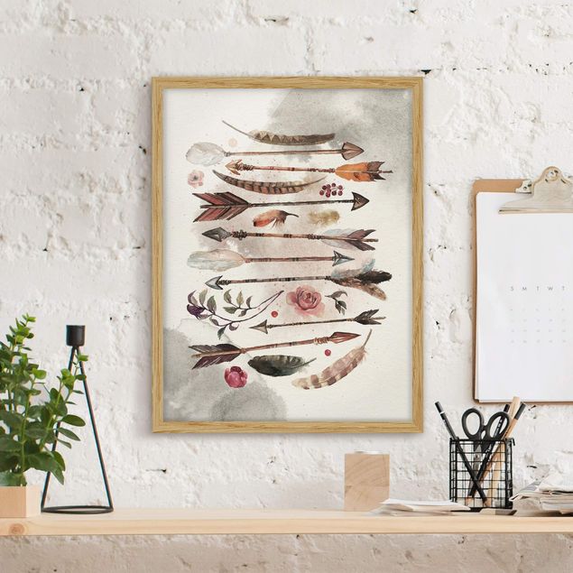 Framed poster - Boho Arrows And Feathers - Watercolour
