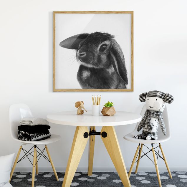 Framed poster - Illustration Rabbit Black And White Drawing