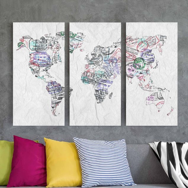 Print on canvas 3 parts - Passport Stamp World Map