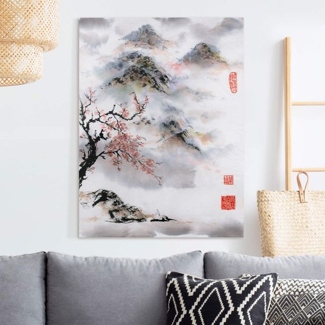 Print on canvas - Japanese Watercolour Drawing Cherry Tree And Mountains