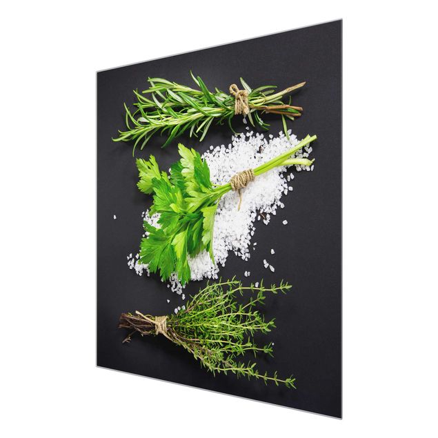 Glass print - Herbs On Salt Black Backdrop