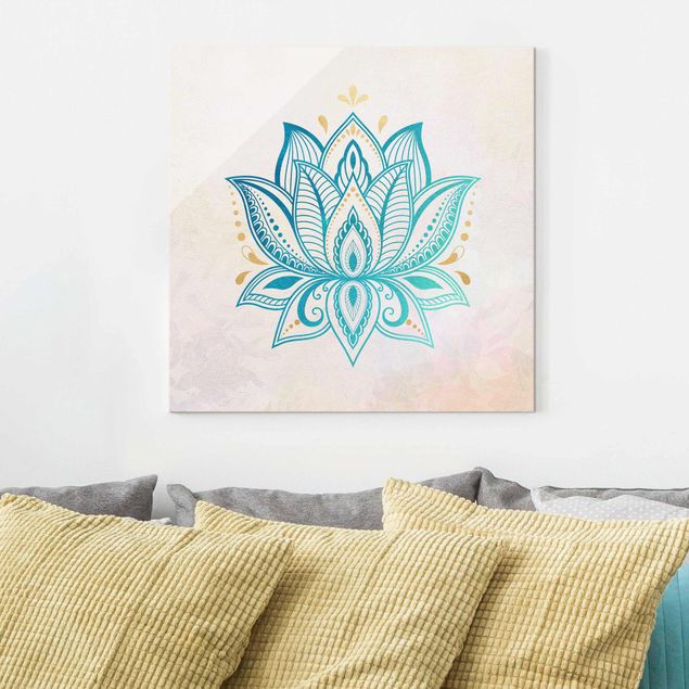 Glas Magnetboard Lotus Illustration Mandala Gold Blue