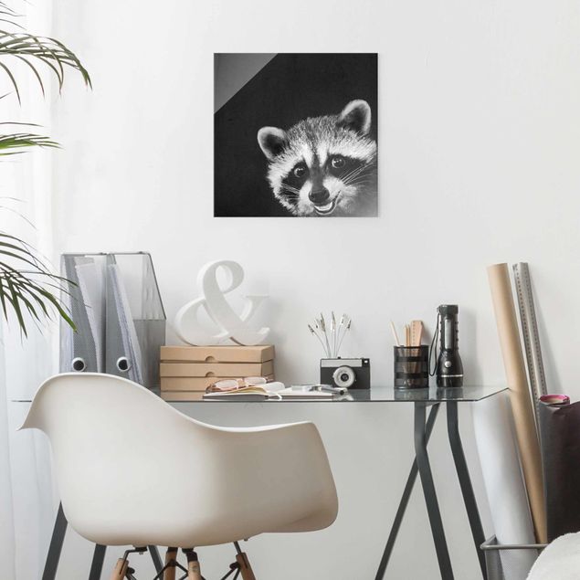 Glas Magnettafel Illustration Racoon Black And White Painting