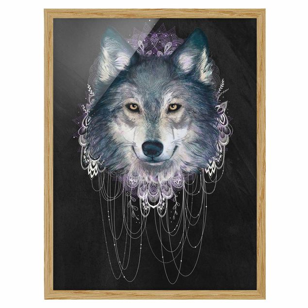 Framed poster - Illustration Wolf Boho Dream Catcher Black