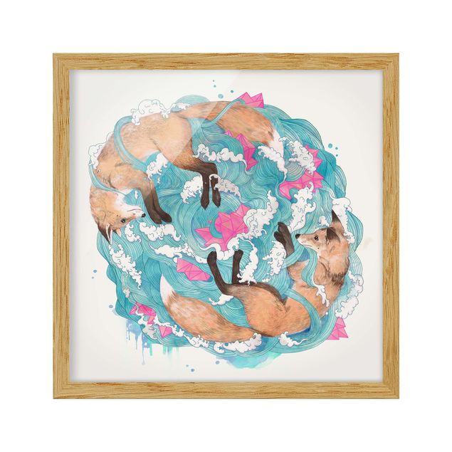 Framed poster - Illustration Foxes And Waves Painting
