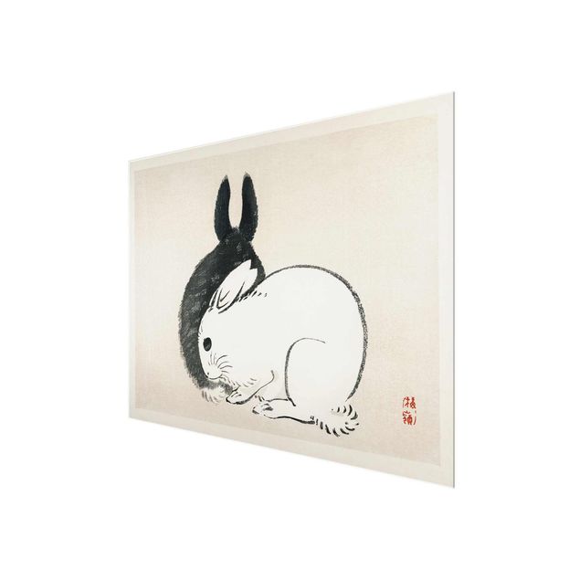 Glass print - Asian Vintage Drawing Two Bunnies