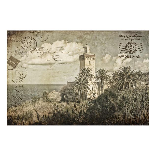 Glass print - Vintage Postcard With Lighthouse And Palm Trees