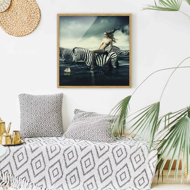 Framed poster - Woman Posing With Zebras