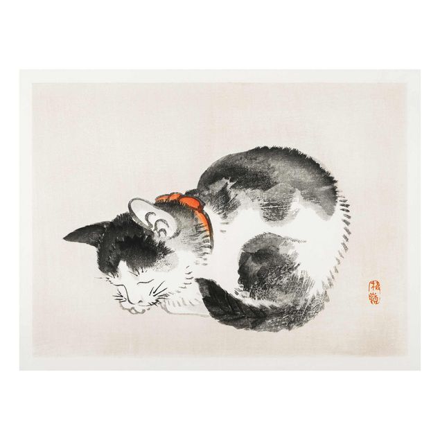 Glass print - Asian Vintage Drawing Sleeping Cat
