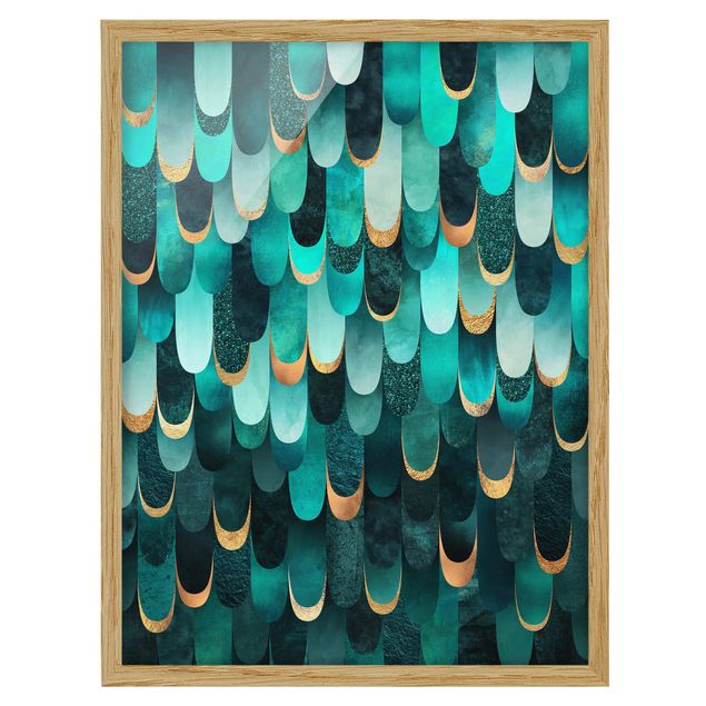 Framed poster - Feathers Gold Turquoise