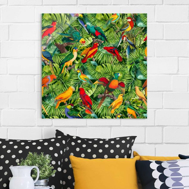 Glas Magnettafel Colourful Collage - Parrots In The Jungle