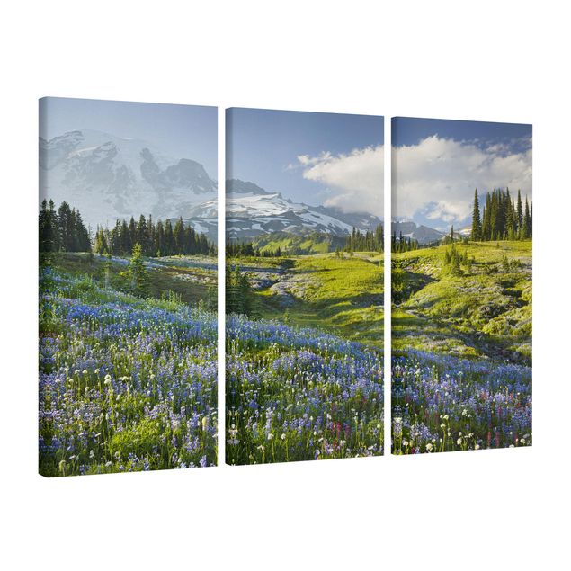 Print on canvas 2 parts - Mountain Meadow With Blue Flowers in Front of Mt. Rainier