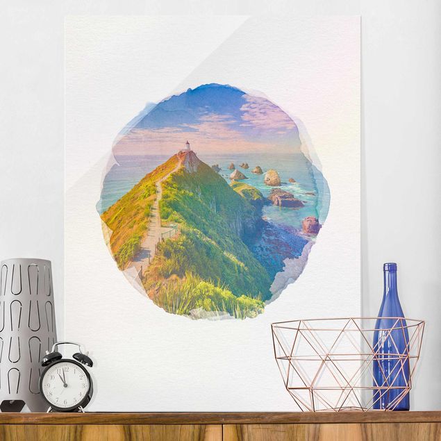 Glass print - WaterColours - Nugget Point Lighthouse And Sea New Zealand