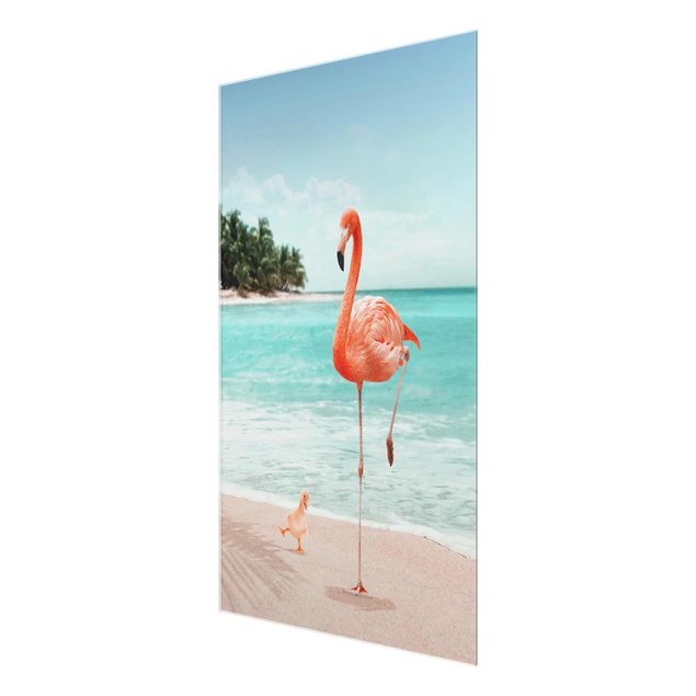 Glass print - Beach With Flamingo