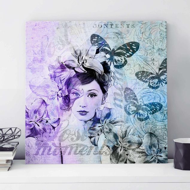 Glas Magnettafel Shabby Chic Collage - Portrait With Butterflies