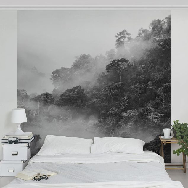 Adhesive wallpaper forest - Jungle In The Fog Black And White