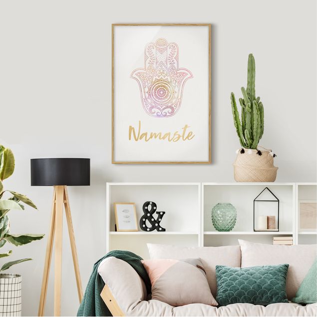 Framed poster - Hamsa Hand Illustration Namaste Gold Light Pink