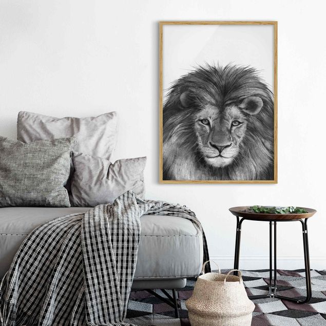 Framed poster - Illustration Lion Monochrome Painting