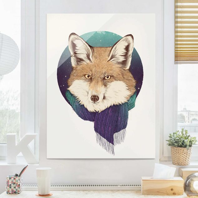 Glass print - Illustration Fox Moon Purple Turquoise