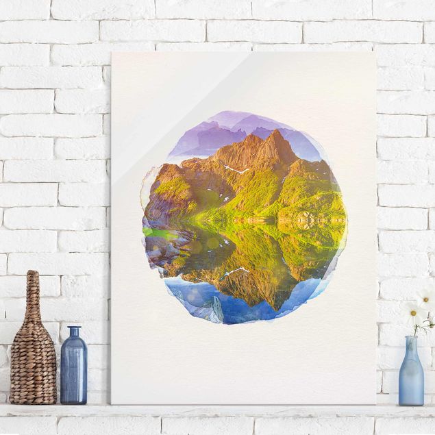 Glass print - WaterColours - Mountain Landscape With Water Reflection In Norway