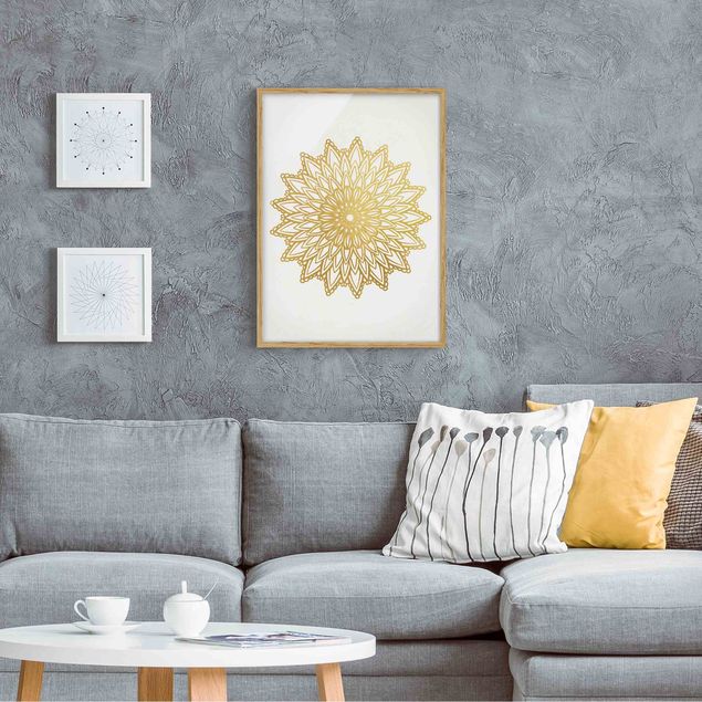 Framed poster - Mandala Sun Illustration White Gold