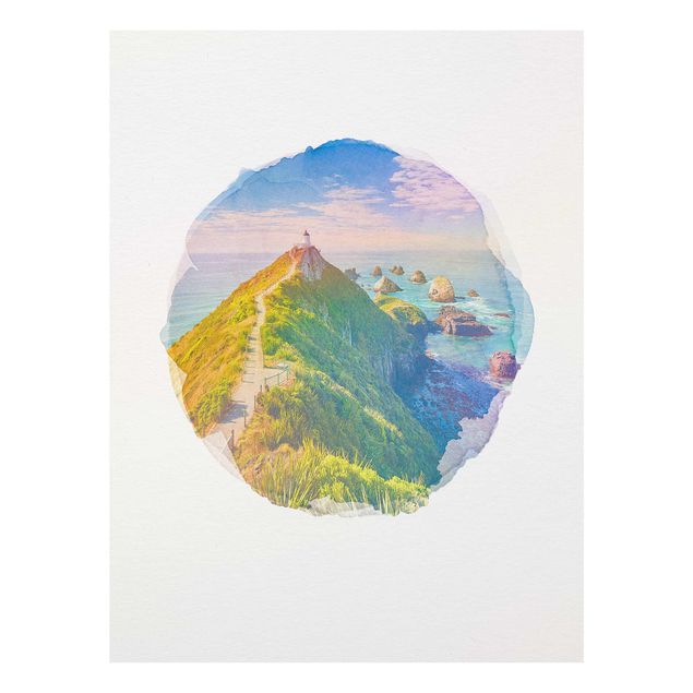 Glass print - WaterColours - Nugget Point Lighthouse And Sea New Zealand
