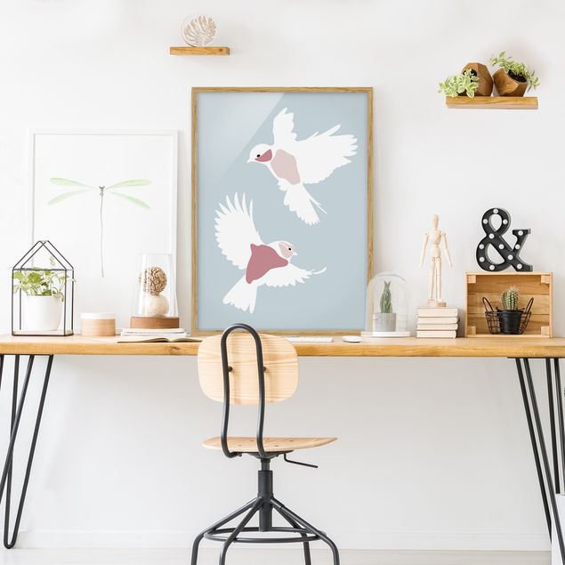 Framed poster - Line Art Pigeons Pastel