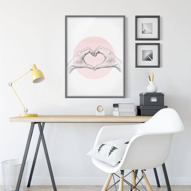 Framed poster - Illustration Heart Hands Circle Pink White