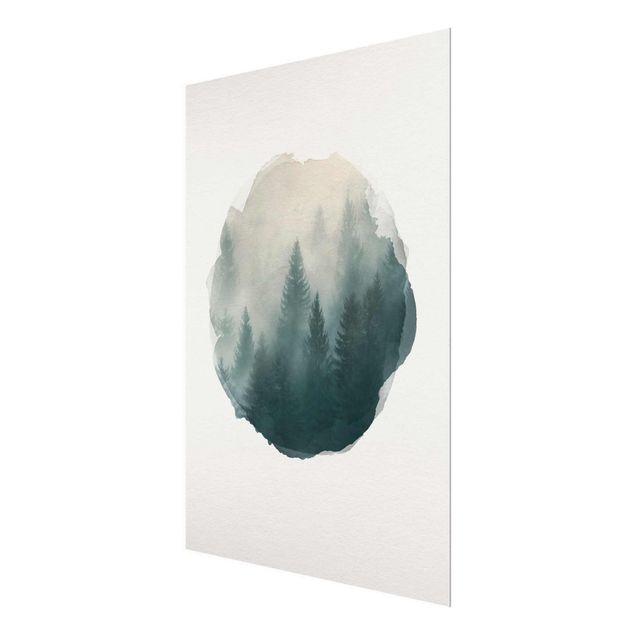 Glass print - WaterColours - Coniferous Forest In Fog
