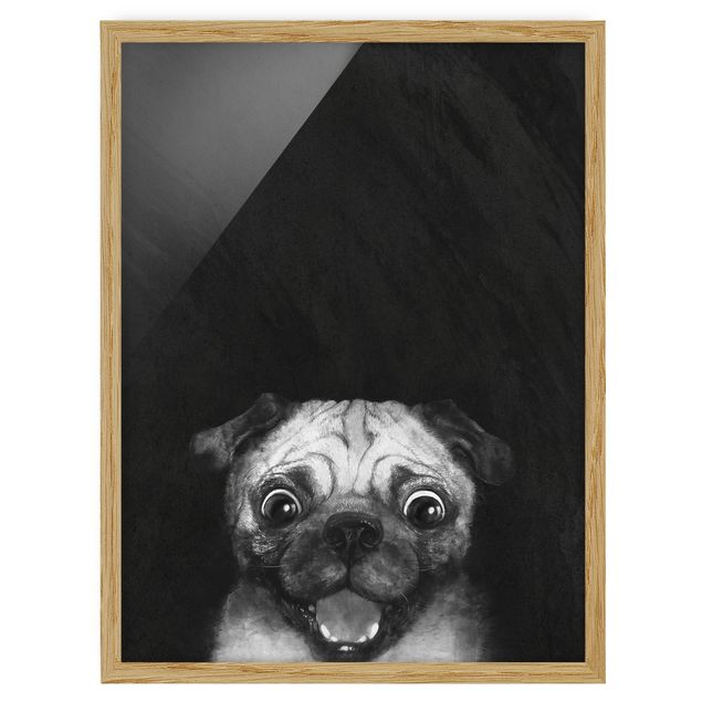 Framed poster - Illustration Dog Pug Painting On Black And White