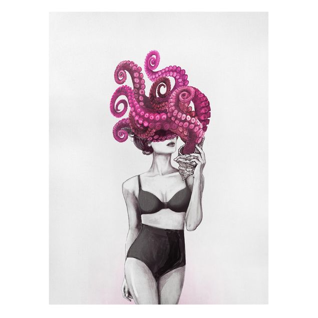Canvas print - Illustration Woman In Underwear Black And White Octopus