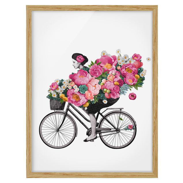 Framed poster - Illustration Woman On Bicycle Collage Colourful Flowers