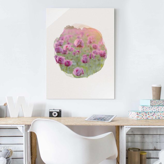 Glass print - WaterColours - Violet Poppy Flowers Meadow In Spring