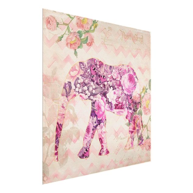 Glass print - Vintage Collage - Pink Flowers Elephant