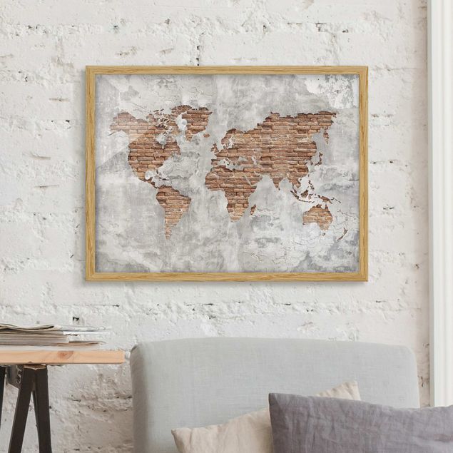 Framed poster - Shabby Concrete Brick World Map