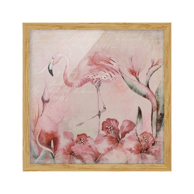 Framed poster - Shabby Chic Collage - Flamingo