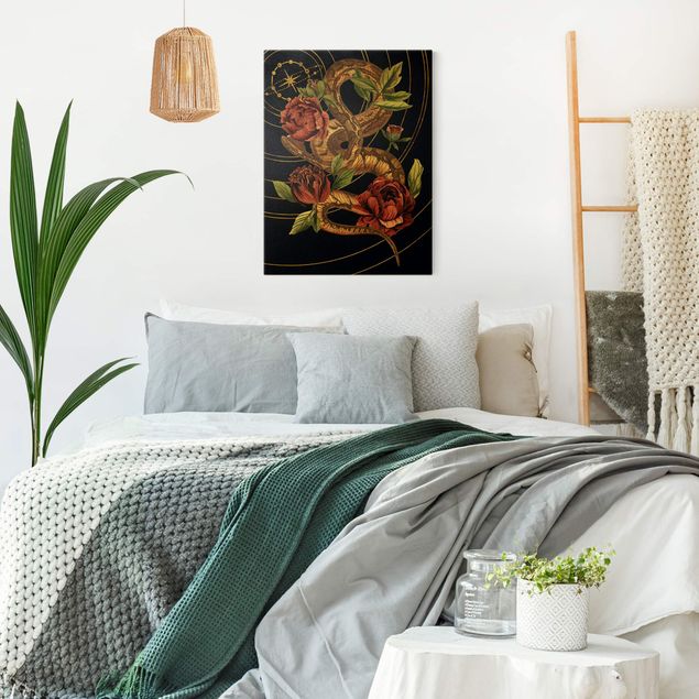 Canvas print gold - Snake With Roses Black And Gold IV